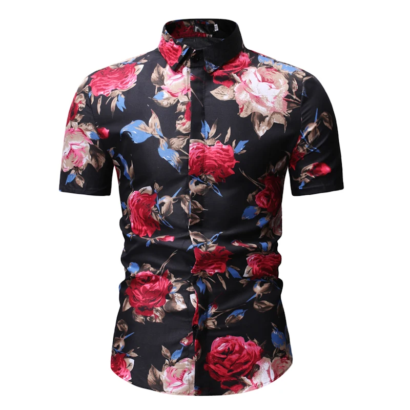 Hot Fashion Rose Floral Printed Short Sleeve Mens Shirts READY STOCK SHIRTS
