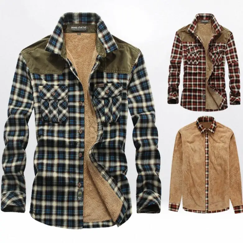 Mens Winter Warm Sherpa Fleece Padded Flannel Shirts