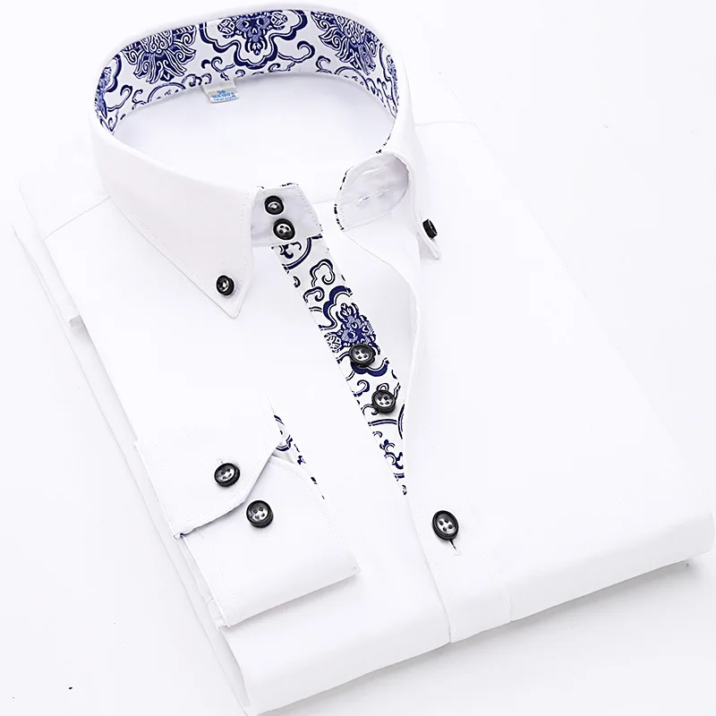 Spring and Autumn Pure Cotton Solid Color Collar and Cuff Contrast Slim Fit Dress Formal Shirt for Men