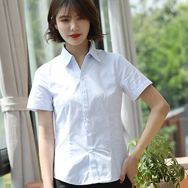 Women's Summer Non Iron Shirt Short Sleeve Slim Fit V Neck Striped Dress Shirt