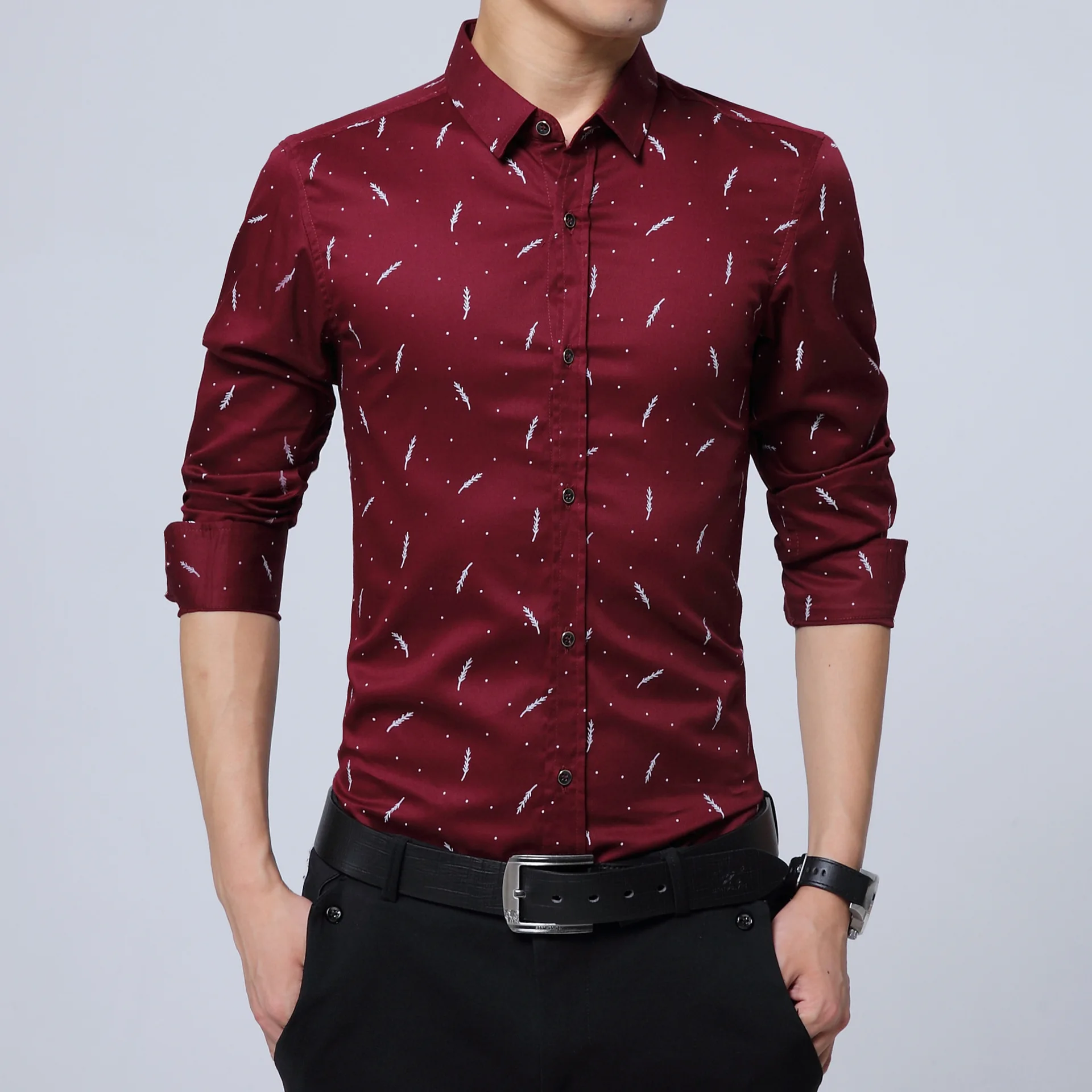 Customized Printed Design Plus Size Casual Long Sleeve Slim Fit Floral Shirt Blouse for Men