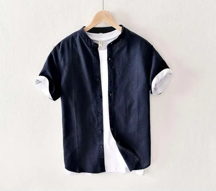 YIWUSHANG Men Short Sleeve Linen Cotton Mandarin Collar Dress Shirts