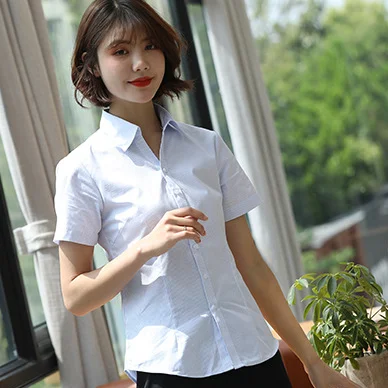Women's Summer Non Iron Shirt Short Sleeve Slim Fit V Neck Striped Dress Shirt